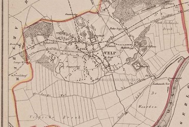 <p>Overzichtskaart van Velp uit de Kuyper atlas van 1875, waarop goed te zien is dat een groot deel van de bebouwing zich inmiddels rond de spoorlijn concentreert (Bron: Gelders Archief). </p>
