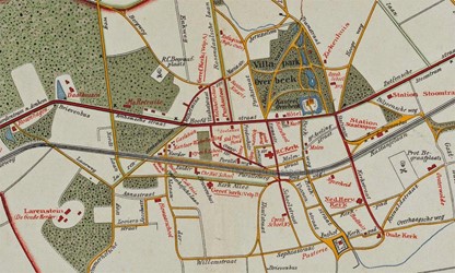 <p>Wandelkaart van Velp van omstreeks 1900, waarop het pand aan de Ommershofselaan als Kantoor Waterleiding is aangeduid. Ook bebouwing van de gasfabriek is weergegeven. (Bron: Gelders Archief). </p>
