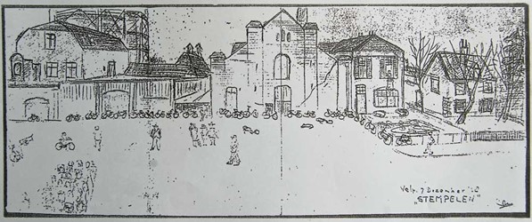 <p>Op 7 december 1938 is door de dienstdoende ambtenaar van de arbeidsbeurs een tekening gemaakt van het uitzicht vanuit Ommershofselaan 6-8. Links ligt de gasfabriek en aan de rechterkant is waarschijnlijk een school afgebeeld. Links op de voorgrond zijn de werklozen te zien die in de rij staan om hun kaart af te laten stempelen. </p>
