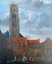 <p>Eén van de vier schilderijen waarop de Zwolse kunstenaar Jan Grasdorp de torenval vastlegde. Dit schilderij laat het zichtpunt vanuit de Ossenmarkt zien, met aan de rechterzijde de Ossenmarktsteeg en de twee brede panden links daarvan. Aan de linkerzijde is de achterzijde van het huidige pand Luttekestraat 12 weergegeven.</p>
