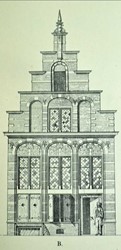 <p>Reconstructietekening van Redtenbacher, als lithografie opgenomen in de Mededeelingen van de Rijksadviseurs van 1879, uitgegeven in 1921. De gevel van Luttekestraat 12 staat op plaat nr. 4 afgebeeld, samen met vier andere ‘Oud- Hollandsche’ gevels (waaronder ook de gevel van Luttekestraat 16, die in 1903 werd afgebroken).</p>
