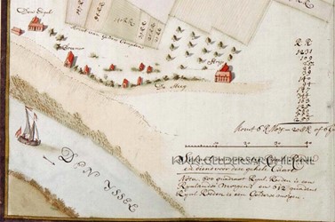 <p>Kaart van de landerijen in de omgeving van De Steeg uit 1722. Onder de verspreide, vrijstaande bebouwing bevindt zich links logement De Engel (Bron: Gelders Archief). </p>
