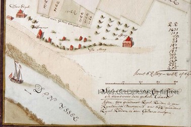 <p>Kaart van de landerijen in de omgeving van De Steeg uit 1722. Onder de verspreide, vrijstaande bebouwing bevindt zich links logement De Engel (Bron: Gelders Archief). </p>
