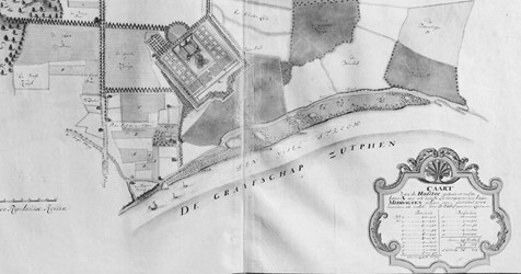 <p>Op deze kaart uit 1729 van B. Elshof is te zien dat het landhuis van Huis Middachten zich concentreert ten oosten van de Diepesteeg. </p>
