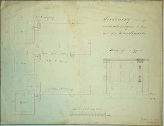 <p>Ontwerp van B. Berkhout uit 1847 voor de bouw van twee nieuwe gemak- of secreetkokers tegen de zuidgevel (Gelders Archief). </p>

