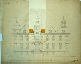 <p>Niet gerealiseerd ontwerp van Eberson voor een klokkentoren boven de ingangspartij (Gelders Archief). </p>
