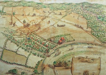 <p>Op deze kaart uit de tweede helft van de 17e eeuw is het dorp Rheden, ten zuiden van de weg naar Arnhem, in vogelvluchtperspectief te zien. Aan de IJssel is het in 1969 gesloopte veerhuis weergegeven (Bron: Scholten 2010). </p>
