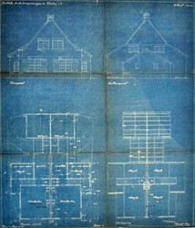 <p>De voor- en achtergevel en de plattegrond van woningtype A op de bouwtekening uit 1920. </p>
