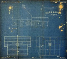 <p>De zijgevel, balklagen en kappenplan van woningtype A op de bouwtekening uit 1920. </p>
