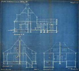 <p>De zijgevel en doorsneden van woningtype B op de bouwtekening uit 1920. </p>
