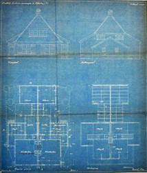 <p>De voor- en achtergevel en de plattegrond van woningtype B op de bouwtekening uit 1920. </p>
