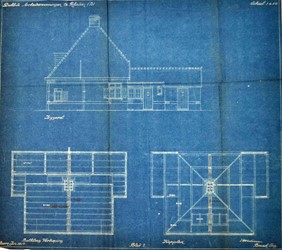 <p>De zijgevel, balklagen en kappenplan van woningtype B op de bouwtekening uit 1920. </p>
