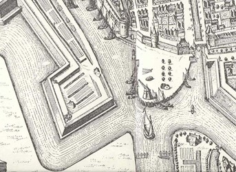<p>Uitsnede uit het vogelvluchtplan van Zwolle, uitgegegeven door I. Bleau omstreeks 1650. Het Kraanbolwerk tegenover het Rodetorenplein is dan nog vrijwel onbebouwd. </p>

