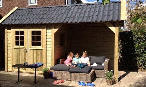 Tuinhuis zadeldak + zij overkapping Malden